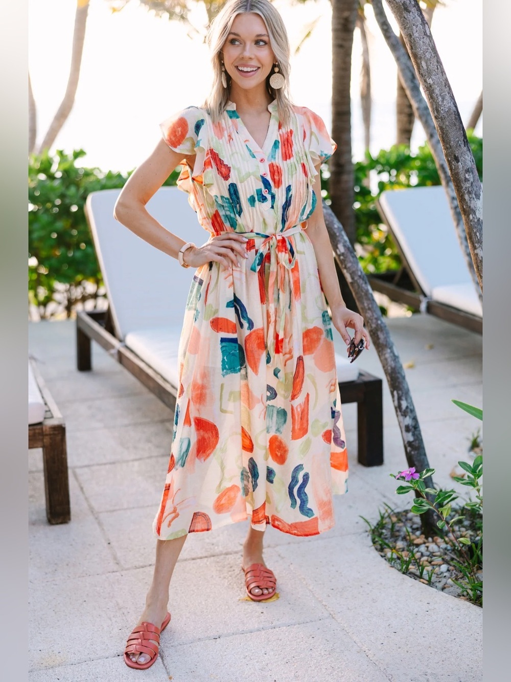 TCEC Good To Go Orange Midi Dress Colorful Abstract Print Tie-Waist XL